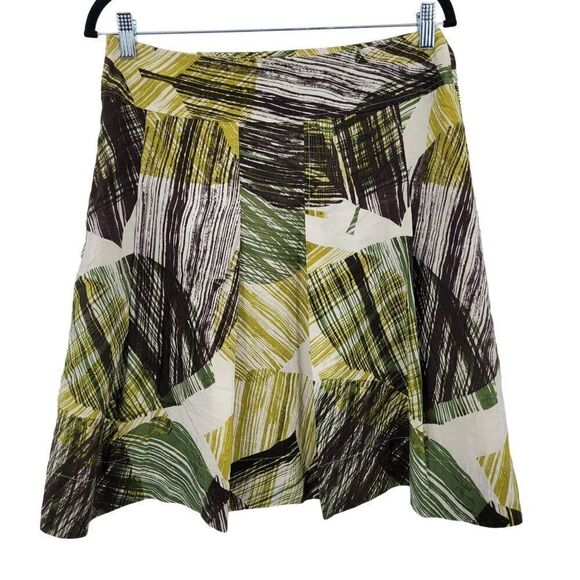 Vintage Silk Skirt 8 Green Yellow Abstract Leaf A-Line Paneled Full Tea Length - Picture 6 of 9